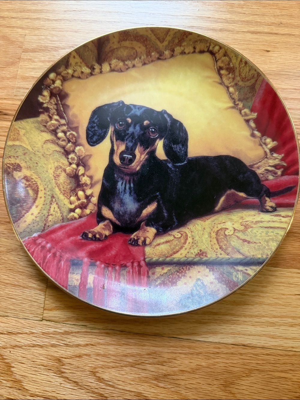 Danbury Mint Black and Tan Dachshund Decorative Plate Oh, so comfy!